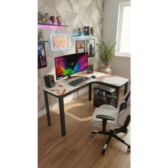 Mesa Moderna Gamer Em Formato L 120cm Com Curva Design Futurista Circuit Branco Ideal Para Quarto Setup Geek Legos Gamer