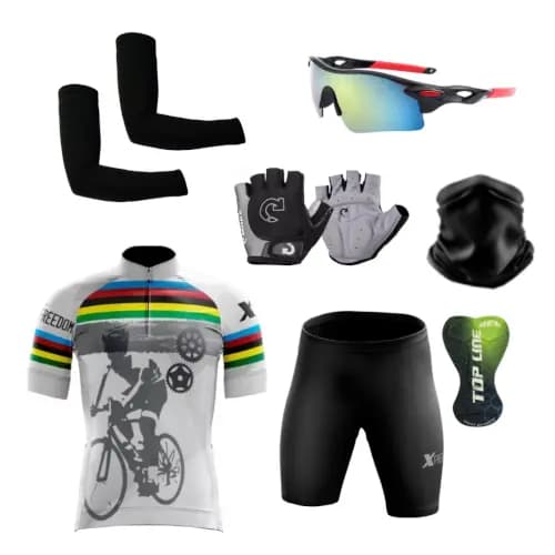 Kit Conjunto Camisa Bermuda Ciclismo + Par de Luvas Ciclismo + Óculos de Proteção + Manguito+Bandana