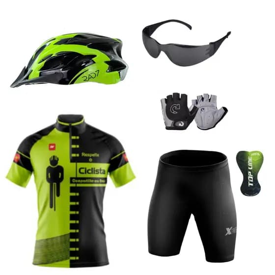 Kit Ciclismo Conjunto Camisa e Bermuda + Capacete Ciclismo C/ Led + Par de Luvas Ciclismo + Óculos de Proteção Escuro