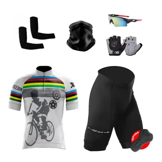 Kit Conjunto Ciclismo Camisa Proteção UV Bermuda C/ Forro + Luva + Óculos + Manguito + Bandana
