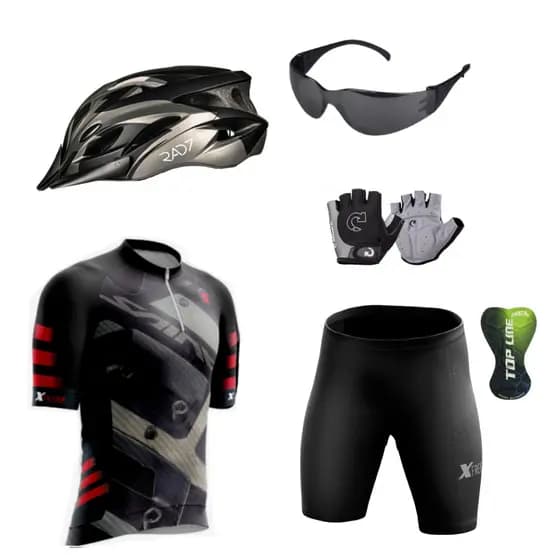 Kit Ciclismo Conjunto Camisa e Bermuda + Capacete Ciclismo Com Led + Par de Luvas Ciclismo + Óculos de Proteção