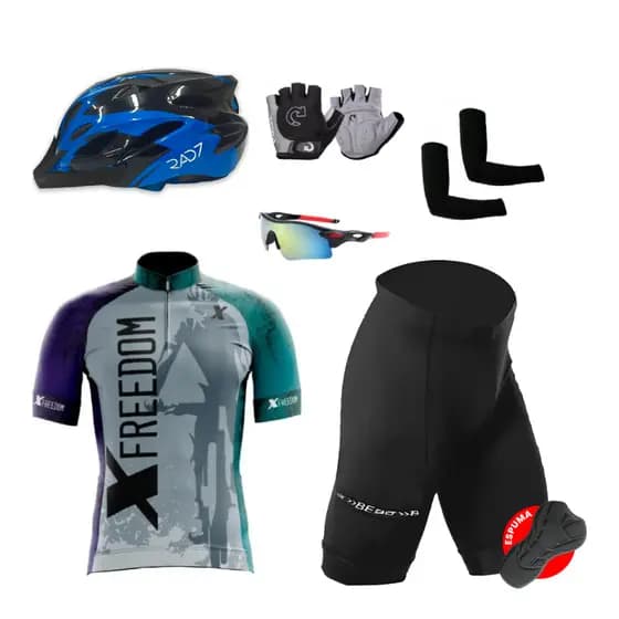 Kit Conjunto Ciclismo Camisa Proteção UV Bermuda C/ Forro + Capacete Ciclismo + Luva + Óculos + Manguito