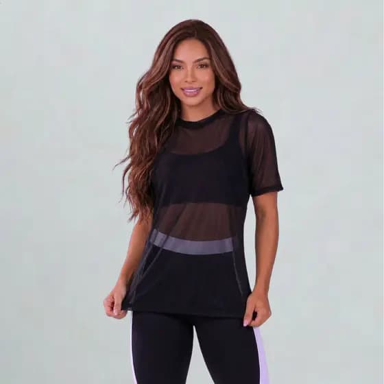 Blusa Tule Transparente Fitnes Feminina Longa com Manga camisa tule camisetão Academia Conforto Verão CAIMISETINHA TULE