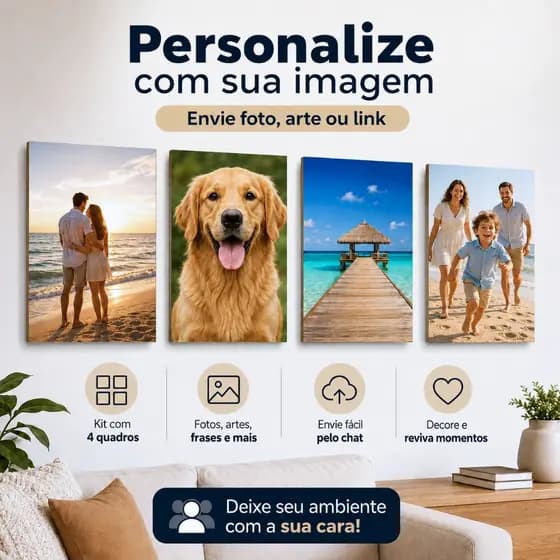 Kit com 4 quadros personalizados com foto ou imagem placa decorativa decoração sala quarto