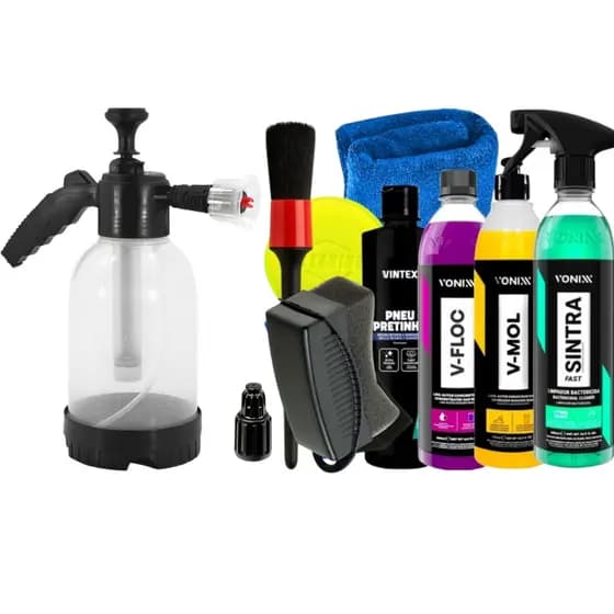 Kit Snow Foam Pulverizador 2L Shampoo V-Floc V-Mol Pretinho Limpador APC Multiuso Sintra Acessórios