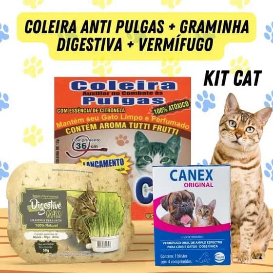 Kit coleira antipulga para gatos E grama de gato E vermífugo gato
