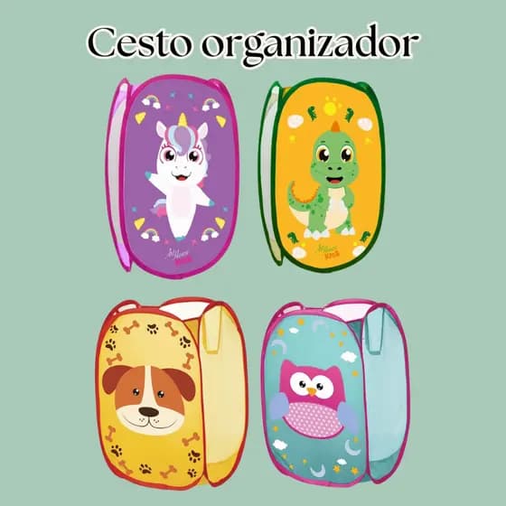 Cesto Infantil Telado Dobrável Estampado Animais Organizador Brinquedo Multiuso Roupas Menina Menino