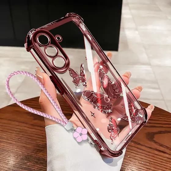 Capa De Telefone VRQR Para Samsung Galaxy A56 A36 A26 A16 5G Quatro Borboletas Com Corda De Flor Transparente À Prova De