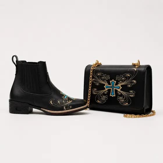 Kit Bota Botina Feminina Bico Quadrado + Bolsa Bolsinha Feminina Meia Lua Country Rodeio Festa Bordado
