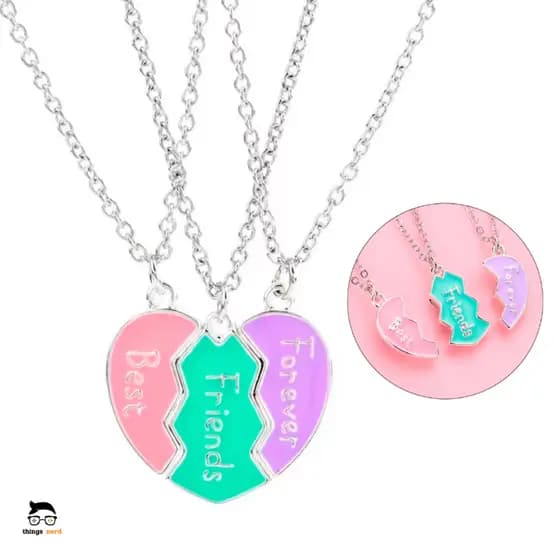 Colar 3 Partes Melhores Amigas Triplo Coração Best Friend Forever Metades Se Completam BFF Metadinha