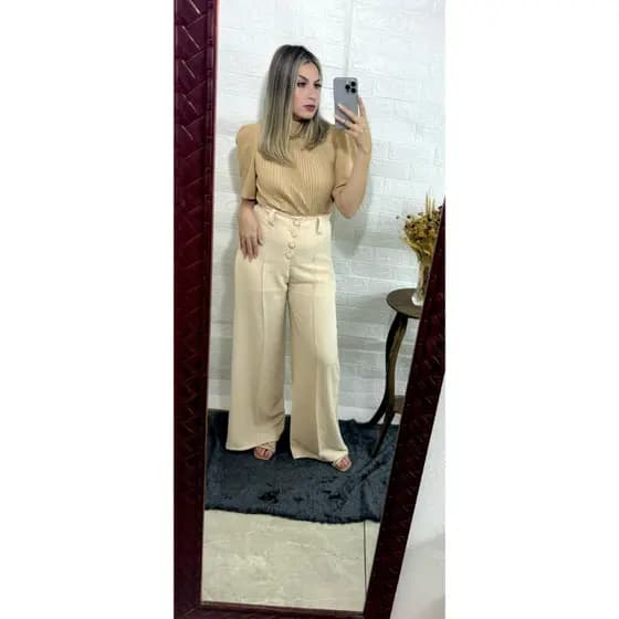 Calça Pantalona Com Botões Feminina Elegante Cintura Alta Alfaiataria