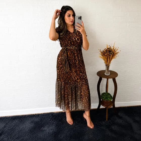 Vestido Florescer Divino Midi Tule Estampado Feminino Elegante Moda Evangélica