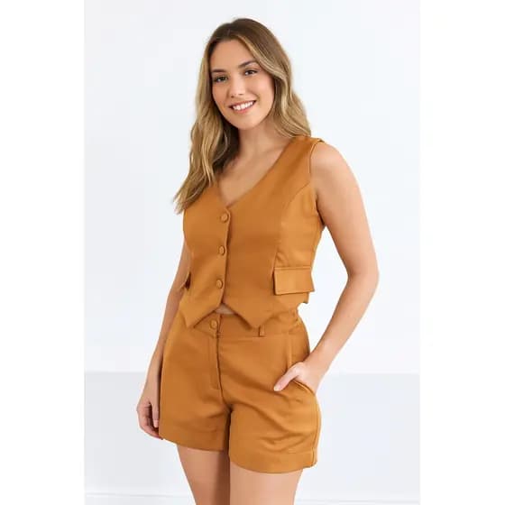 Conjunto Alfaiataria Colete e Short Feminino Elegante Social Moda Feminina