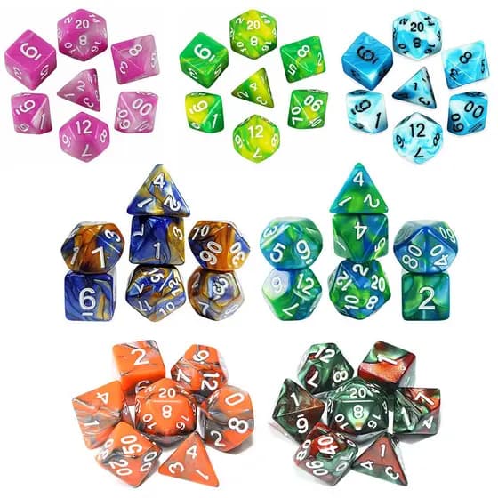Kit 7 Dados RPG Mesclados - PROMO Conjunto Poliedrico Resina - D&D Tormenta20 Pathfinder - Diversas Cores