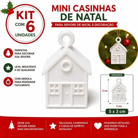 Mini casinha para árvore de natal, kit com 6unid