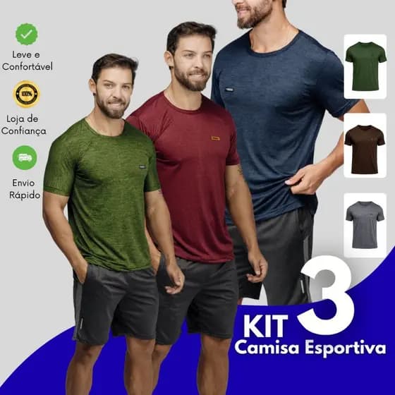 Kit 3 Camisetas Esportiva Masculinas Manga Curta