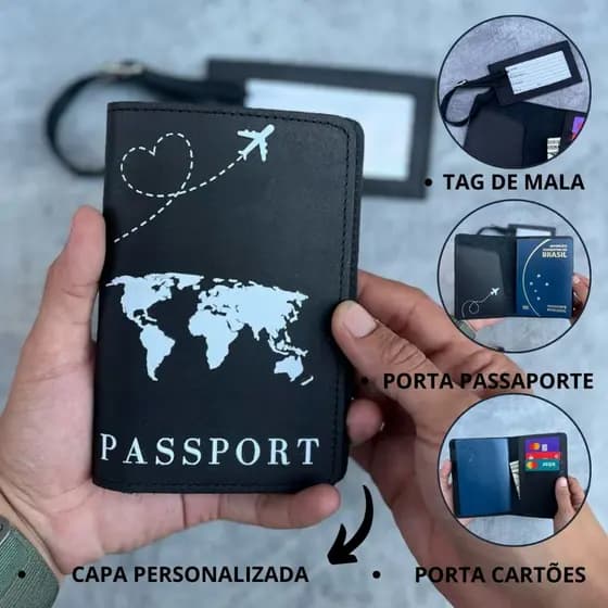 Porta passaporte em couro legitimo com tag de mala para viagem porta cartões