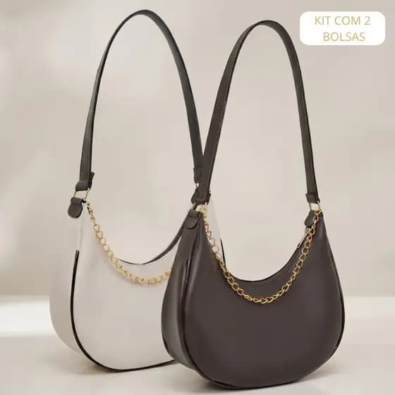Kit 2 Bolsa feminina meia lua de ombro media minimalista moderna e elegante corrente dourada para o dia a dia