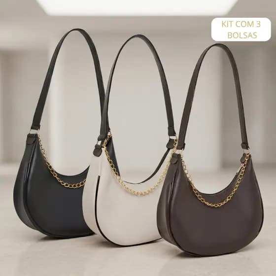 Kit 3 Bolsa feminina media de ombro meia lua com corrente elegante estilosa alça reforçada uso diário