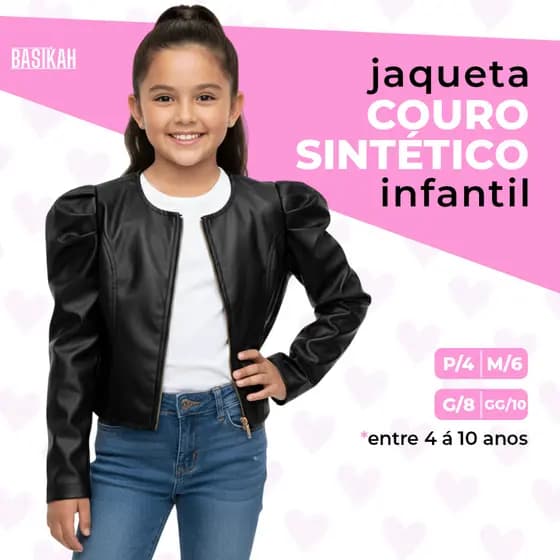Jaqueta Infantil de Couro Sintético Com Zíper Jaquetinha Blusa Juvenil Courino Preta 4 a 10 Anos Menina Manga Bufante