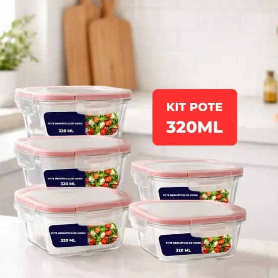 Kit Potes de Vidro Herméticos Borossilicato 320ml Vidro Quadrado Resistente Cozinha Premium