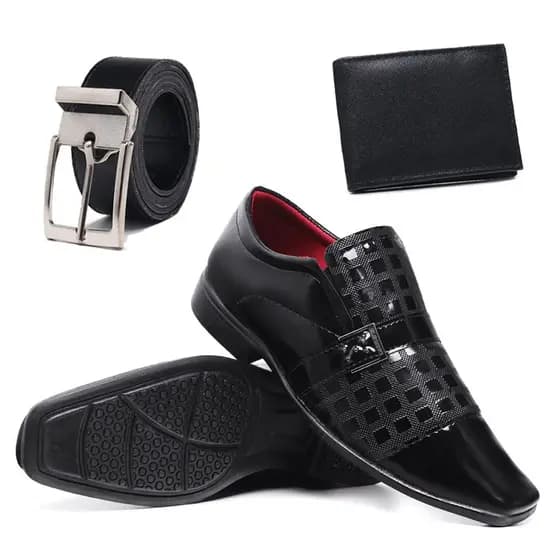 Sapato Social Masculino Verniz Preto Cinto Carteira
