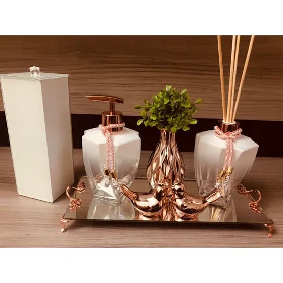 Kit Lavabo Pia Jogo Saboneteira Branco Rose Gold Porta Escova