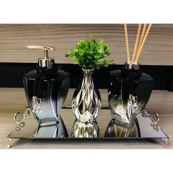 Kit Lavabo Luxo Preto Prata 4 Peças Aromatizador Sabonete