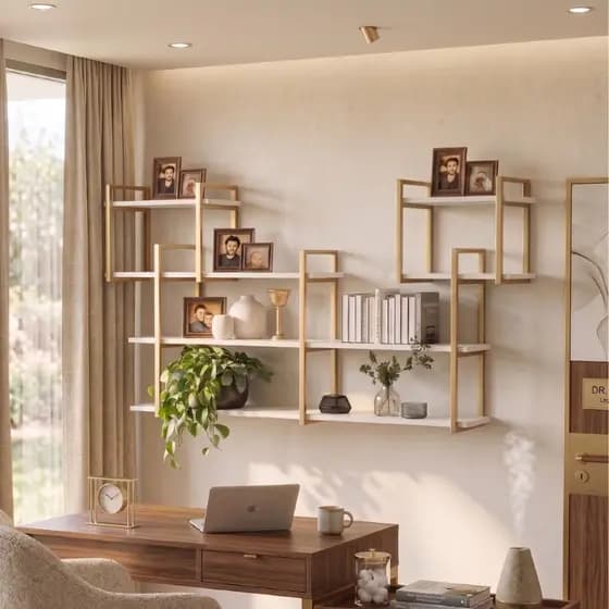 Prateleira Industrial Estante De Parede Ferro e Madeira Moderna 120cm Aura Grande Dourada