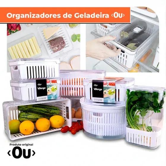 Kit Pote Organizador de Geladeira Com Escorredor Cesto Tampa Multiuso Alimentos Verdura Vegetais OU
