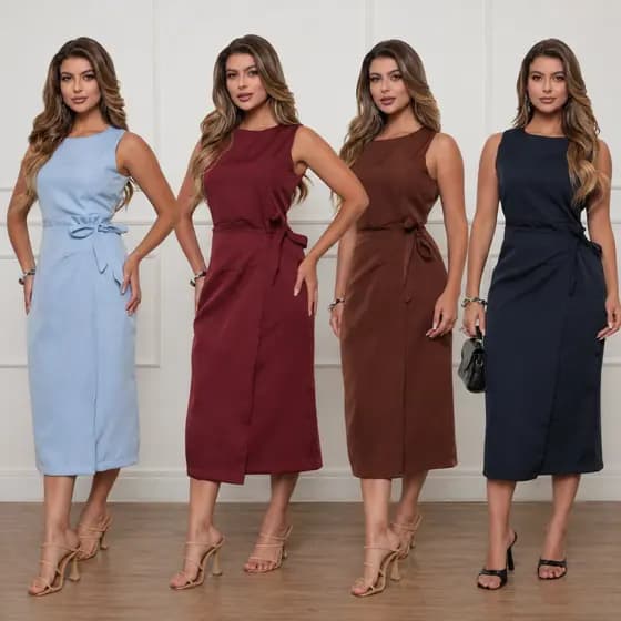 Vestido Midi Feminino Alfaiataria Amarração Lateral Elegante Social Casamento Festa Formatura P M G GG G1 G2 Plus Size