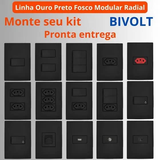 Tomada Interruptor 10A 20A Linha Ouro Preto Fosco Modular RADIAL Tomada Apagador Paralelo Simples
