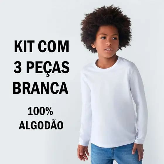 Kit 3 Camisetas Infantil Branca Manga Longa 100% Algodão