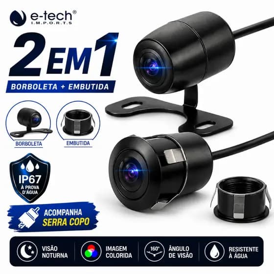Câmera De Ré E-Tech 720p IP67 Borboleta e Para-choque Universal 12v