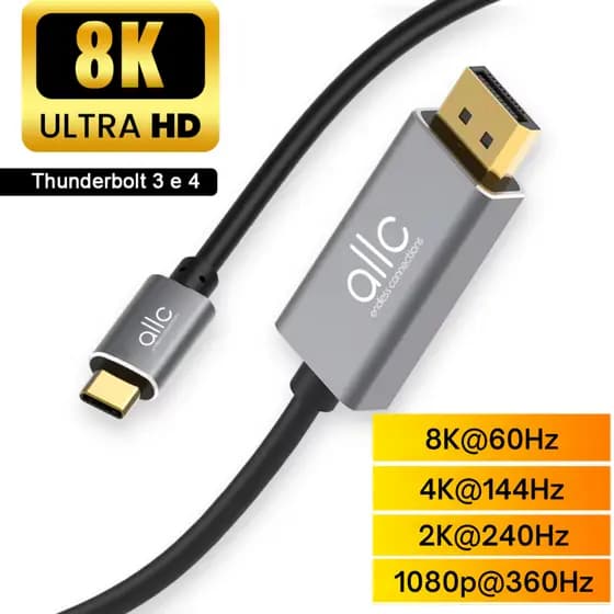 Cabo Adaptador Usb-c Displayport 1.8 Metros 8k 60hz 4k 144hz 2K 240Hz Thunderbolt 3 Dp 1.4