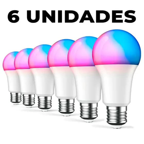 Kit 6 Lâmpada 9W Wifi Inteligente Smart RGB Colorida Compatível com Alexa Google Home