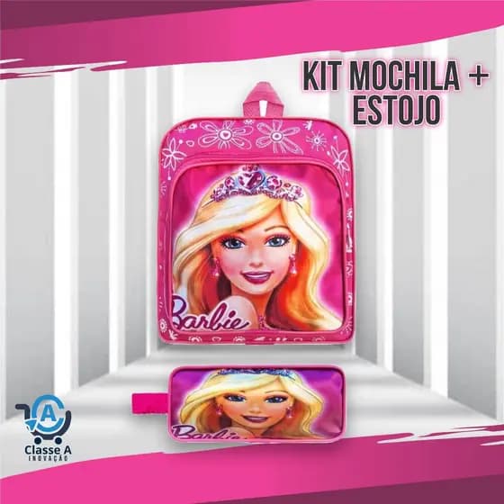 Kit Escolar Mochila Média e Estojo Infantil Feminina Menina Personagem Barbie Frozen Minnie Princesas
