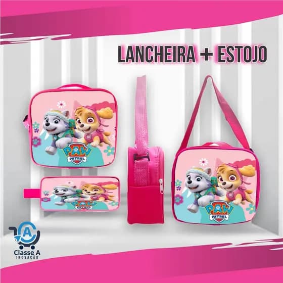 Kit Lancheira Térmica e Estojo Infantil Feminina Menina Personagens Minnie Patrulha Canina Princesas