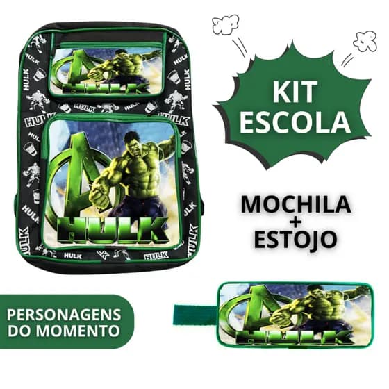 Kit Escolar Mochila Grande e Estojo Infantil Masculino Menino Personagem Hulk