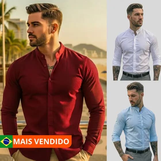 CAMISA MASCULINA GOLA PADRE MANGA LONGA SLIM LINHO E VISCOSE PREMIUM