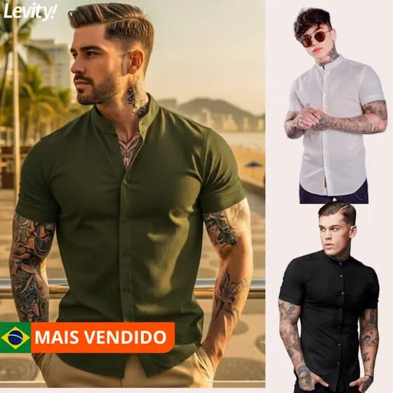 CAMISA MASCULINA MANGA CURTA GOLA PADRE SLIM LINHO E VISCOSE PREMIUM
