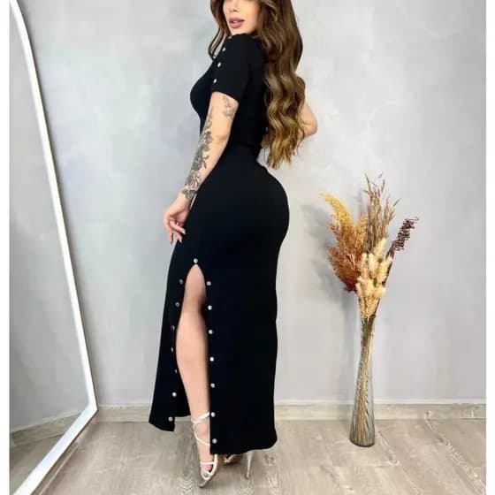 Vestido Manguinha Mid, Vestido Midi Elegante, Vestido MID com fenda