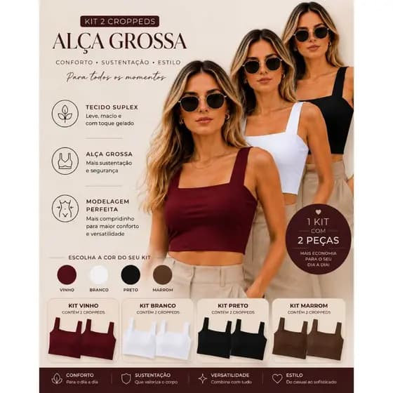 KIT 2 Cropped forrado Feminino Decote Quadrado Regata Básica Premium Moda Casual Elegante