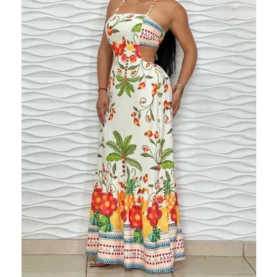 vestido longo estampado cores verão com alcas duna premium