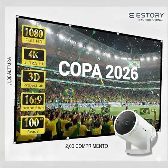 Tela de Projeção 100 Polegadas - Cinza 100, Alta Definição, lhós, Ideal para Projetores 4K e Full HD
