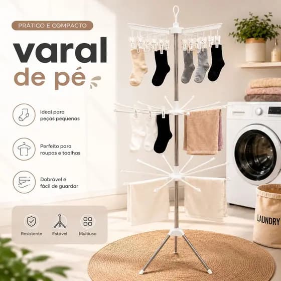 Varal de Pé Dobrável 360° Multiuso Prendedores Organizador Lavanderia 170cm Arara de Chão guardar