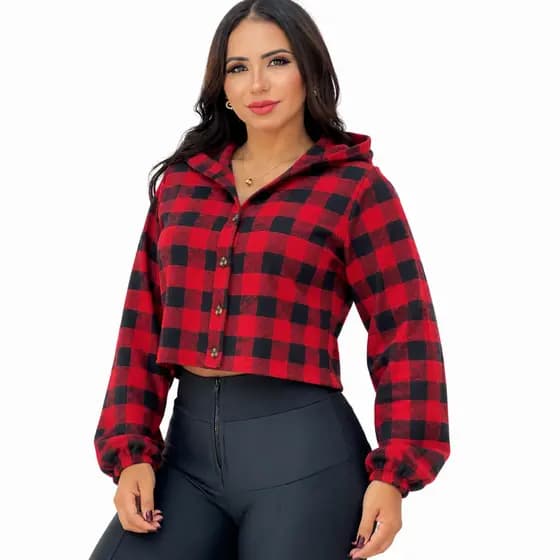 Camisa Manga Longa Cropped Xadrez Feminino