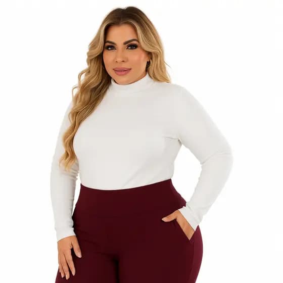 Blusa Feminina Plus Size Frio Cacharrel Manga Longa Gola Alta Canelada G1 ao G3