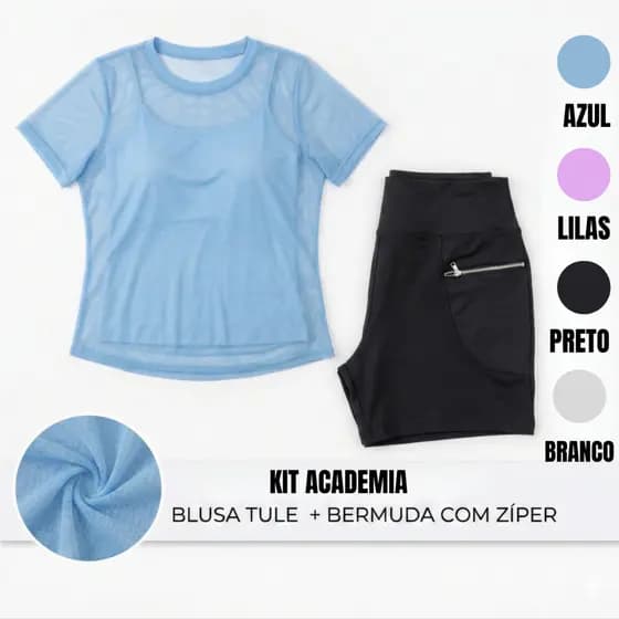 KIT FEMININO BLUSA TULE PREMIUM + BERMUDA ZIPER SUPLEX ZERO TRANSPARENCIA PLUS SIZE GG AO G3