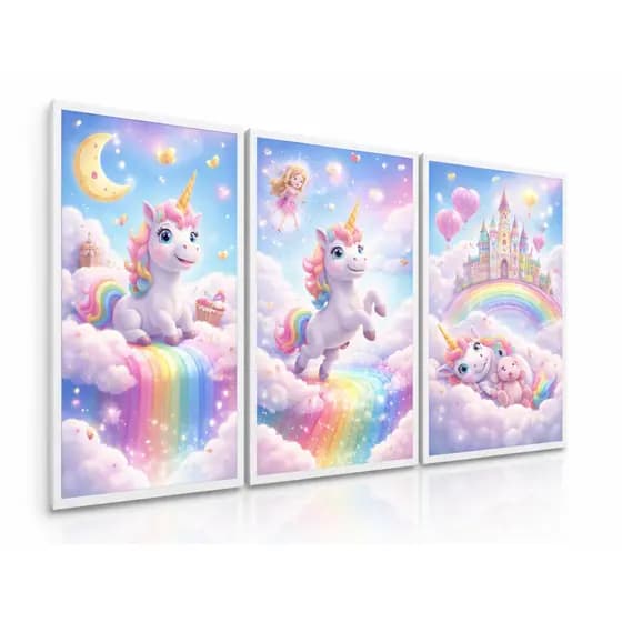 Quadro Decorativo Infantil Unicórnio nas Nuvens 3 Peças